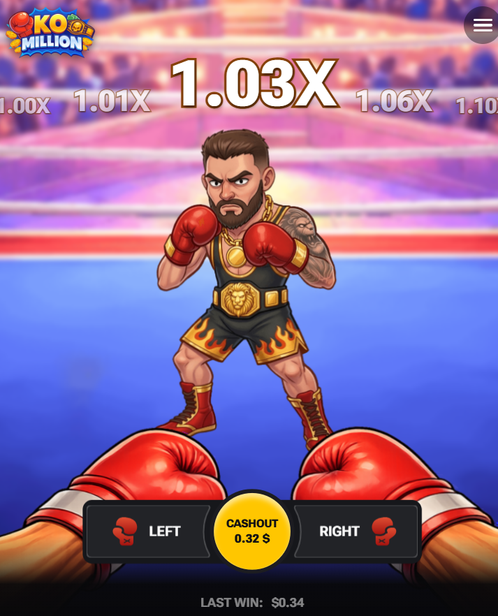 KO Million app casino demo bonus gratis codice promo, pulsanti Left, Right e Cashout su mobile