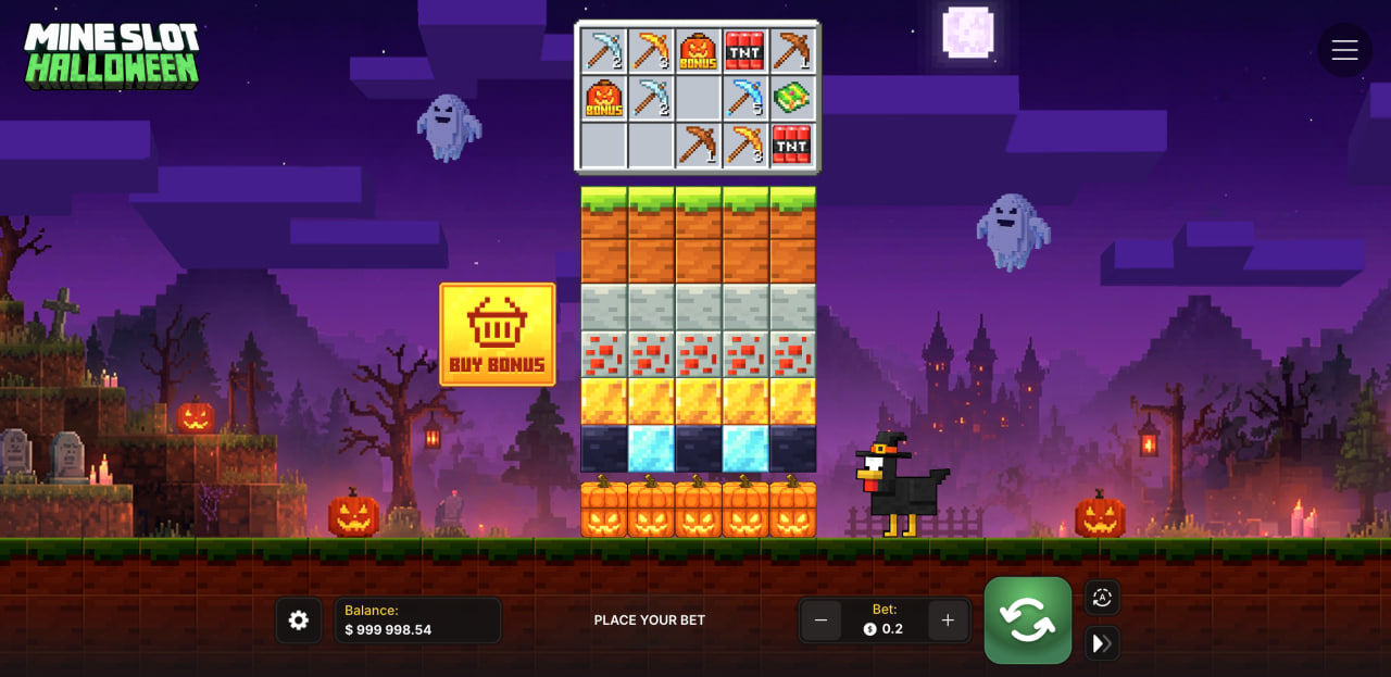 Mine Slot Halloween demo casino app bonus gratis, colonne di blocchi e pulsante Buy Bonus