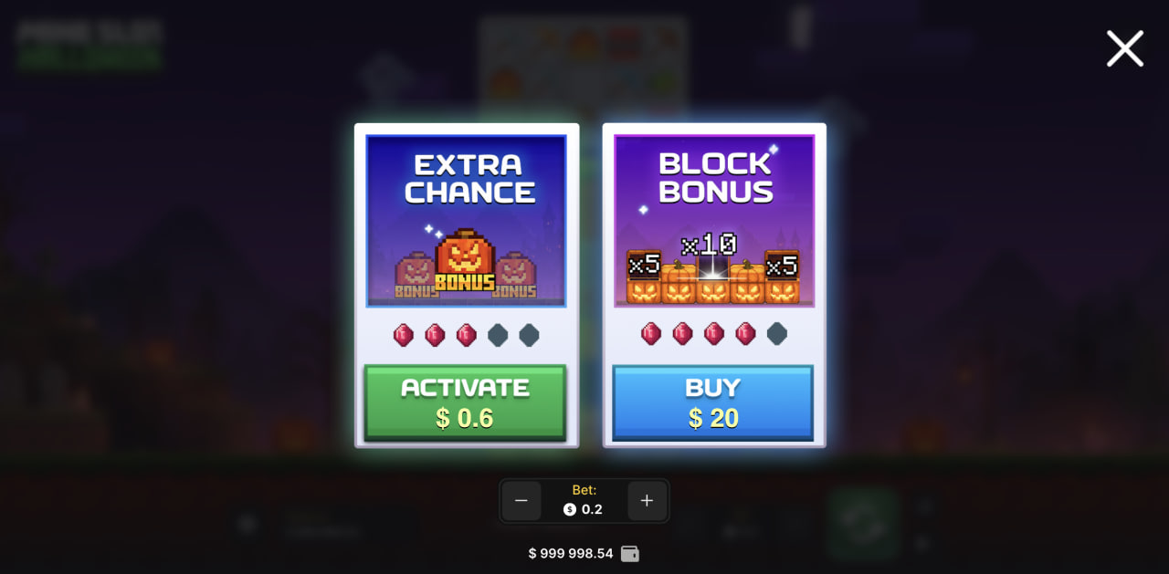 Mine Slot Halloween recensione casino bonus demo app, finestra Extra Chance e Block Bonus da computer
