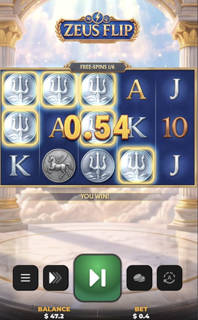 Zeus Flip app casino demo bonus gratis soldi veri, vista mobile verticale con rulli e monete d'oro