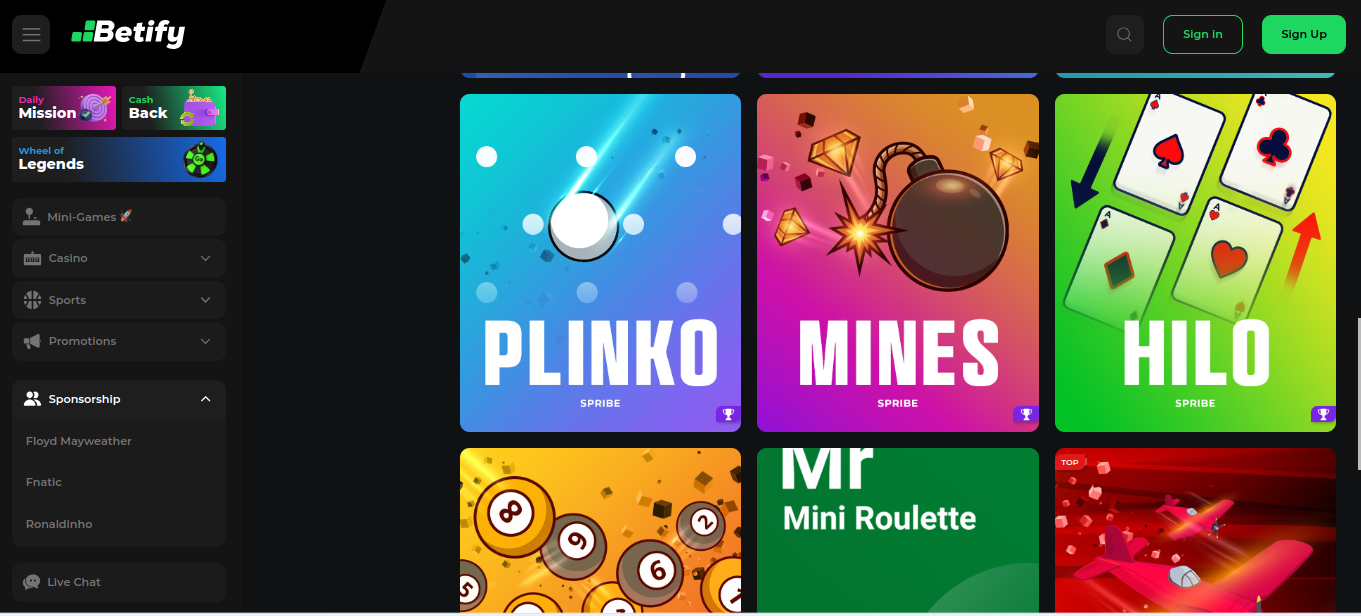 Mini-giochi Betify Plinko Mines Hilo nel casinò online, recensione con bonus e registrazione