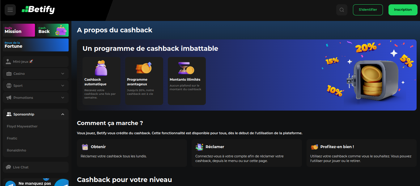 Pagina del cashback settimanale Betify, recensione del programma bonus del casinò online